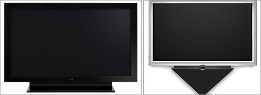 Pro's Choice: 50' Pioneer Elite Kuro, $4,500 (left); Our Choice: 65' Bang and Olufsen Beovision 4. $18,000 (right).