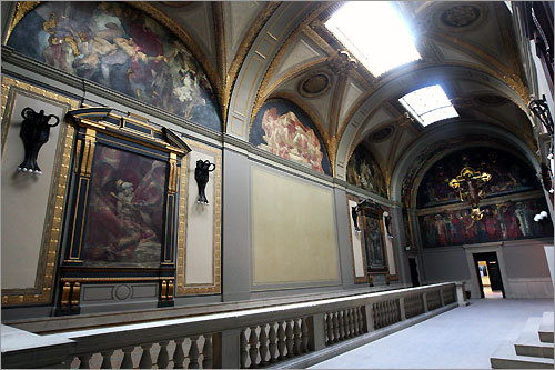 Judaism is depicted above the large blank panel (not completed because of artist John Singer Sargent's death) and Christianity is shown at the end of the room, right. Murals by Sargent titled 'Judaism and Christianity,' and created between 1895 and 1916, are in the Boston Public Library.