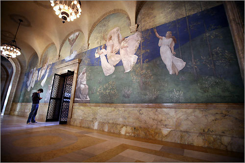 Murals by Pierre Puvis De Chavannes decorate the main staircase and second floor of the McKim Building at the Boston Public Library. They are titled 'The Muses of Inspiration Hail the Spirit, the Harbinger of Light.'