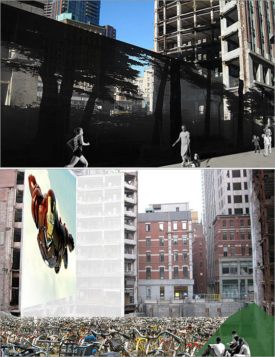 Architect: Cynthia Bubb Bubb proposes a bike park on the Filene's site, along with a large projection screen to show movies at night. Along the bike path, Bubb suggests wrapping the Filene's construction site with a fence made of perforated aluminum, painted or imposed with a scene from a forest. The construction site itself would become an urban parking lot for bicycle commuters, with a large movie screen in front of the Burnham building for people to watch films at night. A grass berm at right would accommodate viewers and picnickers.