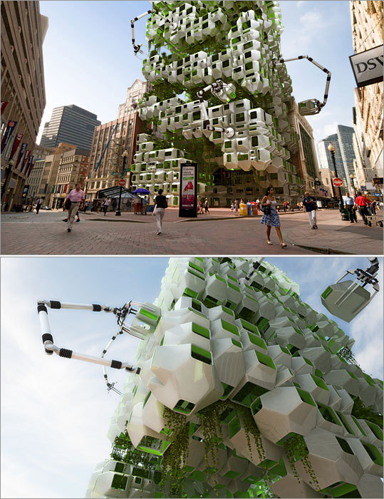 Design firms: Howeler + Yoon Architecture and Squared Design The team proposes to build a vertical algae-powered bioreactor on the Filene's site. The structure would be composed of prefabricated modules, or 'eco-pods,' containing materials to manufacture biofuels. The eco-pods would allow scientists to test algae species and methods of fuel extraction. The fuel produced by the algae would power robotic arms that could reconfigure the pods to enhance growing conditions.