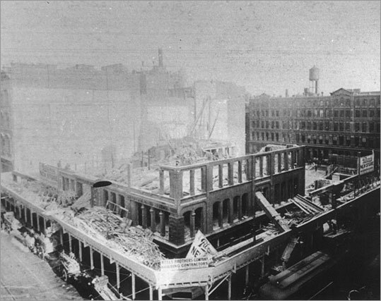 In this undated file photo, several old buildings were razed to make way for the Filene's store in Boston's Downtown Crossing area.