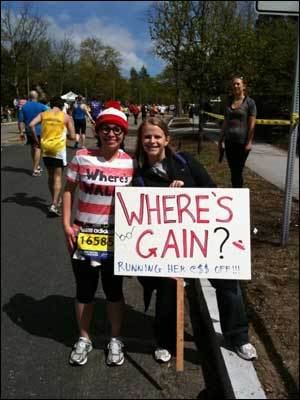 Rachel Masterman cheered on her friend Nicole Gain, who ran the marathon dressed as Waldo. (Photo submitted by Rachel33 )
