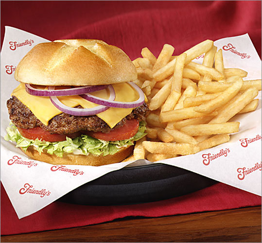 1940: First Friendly burger served The Blakes' s second restaurant, in West Springfield, was home to Friendly's first hamburger. The menu has since grown to 10 burgers, including the All American Burger pictured here.