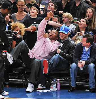 Sitting with Anthony Anderson, left, Wahlberg took in Madison Square Garden as the Celtics took on the New York Knicks in April 2010.