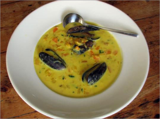 Smoked fish, mussel, and saffron chowder Serves 4 Ingredients Unsalted butter, onion, carrot, leek, celery stalks, flour, vegetable bouillon cubes, saffron, whole milk, clam juice, skinless, boneless smoked haddock or whitefish fillets, baby shrimp, mussels, fresh dill. (Full measurements, recipe)