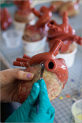 Until the late ’90s, both worked in the movies, doing visual effects such as the “bullet-time” slow motion in “The Matrix,” an airplane explosion in “Eraser,” and various other illusions done with special cameras and silicone models. Chamberlain Group employee Merina Andersen assembled medical model hearts.