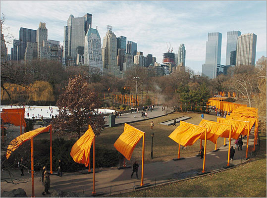 Art installations A lot of press covered the art installation 'The Gates' that premiered in Central Park in Manhattan in 2005, pictured here. The Greenway could be used in a similar fashion for other temporary art installations, says Tom from Brighton. Tom also says that having works of art displayed in the area would 'add variety and prompt people to take a look at what is happening.'