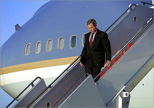 President Bush walked down the steps of Air Force One as he arrived at Andrews Air Force Base outside Washington on Sept. 11. He declared New York a major disaster in the wake of the attacks on the World Trade Center, making the city eligible for emergency federal assistance.