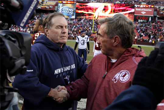 New England Patriots head coach Bill Belichick, left, shook hands with Washington Redskins head coach Mike Shanahan at the conclusion of the game. Here are Belichick's post game comments .