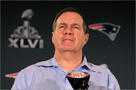New England Patriots head coach Bill Belichick looked on while he answered questions from the press during a media availability session for Super Bowl XLVI on Feb. 1 in Indianapolis.