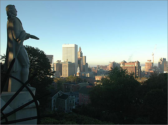 Providence Skyline 'Family Guy” is set in the fictional city of Quahog, R.I. However, the skyline view and Spooner Street, where the Griffins live, are real. Behind the Griffin house is a view of One Financial Plaza, 50 Kennedy Plaza, and the 1927 Bank of America Tower.