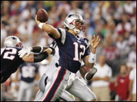 Patriots quarterback Tom Brady is threw a pass during first quarter of the season opener at Gillette Stadium. (Globe Staff Photo / Matthew J. Lee)