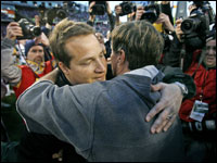 Patriots head coach Bill Belichick (right) hugs Jets coach Eric Mangini (left) at midfield following New England's 37-16 Wild Card Playoff victory over the New York Jets at Gillette Stadium.   <br> (Globe Staff Photo/Jim Davis)
<p>
