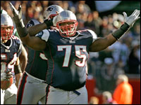 Vince Wilfork reacted after stopping New York Jets running back Leon Washington for no gain during first quarter action..