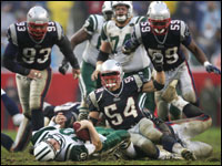 New England Patriots LB Tedy Bruschi tackles New York Jets quarterback Chad Pennington for a 1-yard gain.