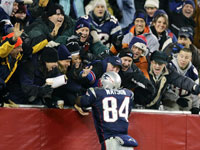 Tight end Ben Watson lept into the stands after a 63-yard catch and run touchdown from Tom Brady against the Jaguars.  (Globe Staff Photo / Barry Chin)