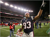 Richard Seymour knows the Patriots are Number One as he leaves the field following their Divisional Playoffs defeat of the Jacksonville Jaguars.