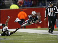 Donte' Stallworth dives for a key first down late in the 4th quarter allowing the Patriots to retain possession. The Patriots finished the drive with a field goal by Stephen Gostkowski.