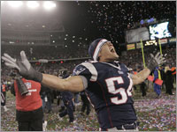 Tedy Bruschi celebrates winning the AFC Championship at Gillette Stadium.