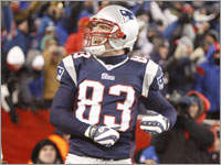 Wes Welker celebrates his third quarter touchdown reception against the San Diego Chargers in the AFC Championship.