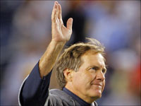 Prior to the kickoff of the Patriots' game against the Chargers, Patriots head coach Bill Belichick came onto the field to a rousing ovation, which he acknowledged with a slight grin and a wave.