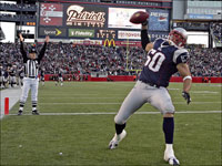 New England Patriots linebacker Mike Vrabel celebrates his touchdown reception against the Washington Redskins.