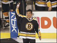  Daisuke Matsuzaka waves to the crowd before dropping a ceremonial puck, prior to a Bruins versus N. J. Devils game at TD Banknorth Garden. (Globe Staff Photo/  Evan Richman)