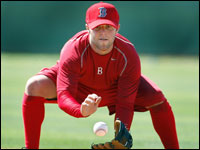 Red Sox secondbaseman Dustin Pedroia was out taking some ground balls this afternoon, hit by former secondbaseman Luis Alicea, who is the team's new firstbase coach this season.   (Globe Staff Photo/ Jim Davis)