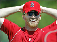 New Red Sox rightfielder J.D. Drew made his first appearence in a Boston uniform today, here he catches his breath after doing one of the conditioning drills this afternoon.    (Globe Staff Photo/ Jim Davis)