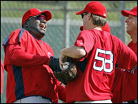 David Ortiz (left) and Jonathan Papelbon (right) shared a laugh during workouts.   (Globe Staff Photo/ Jim Davis)