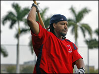 Red Sox outfielderr Manny Ramirez loosens up before a game at City of Palms Park.  (Globe Staff Photo/ Jim Davis)
