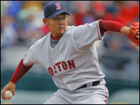 Red Sox rookie pitcher Daisuke Matsuzaka made his major league debut this afternoon at Kauffman Stadium in Kansas City. Here he fires a fifth inning pitch. (Globe Staff Photo/ Jim Davis)