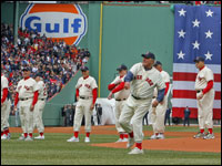 Members of the 1967 championship prepare to team throw out the first pitch on opening day at Fenway Park. (Globe Staff Photo/ Jim Davis)