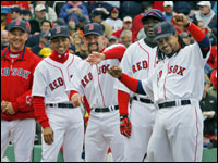 The entire Red Sox starting lineup was having some laughs as other members of the team were being introduced. (Globe Staff Photo/ Jim Davis)
