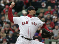 Sox starting pitcher Josh Beckett throwing during the top of the first inning. (Globe Staff Photo/ Barry Chin)