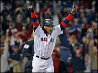  Manny Ramirez won a wild one for the Red Sox on May 3rd with a bottom of the eighth inning solo home run, his second round tripper of the night, as Boston defeated the Mariners 8-7 at Fenway Park.  Here he raises his arms in triumph as the crowd goes wild in the backround as the ball sails out of the park. (Jim Davis/Globe Staff)