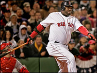  David Ortiz doubles in the eighth inning on April 13th against the Los Angeles Angels of Anaheim, scoring Dustin Pedroia and Julio Lugo.  - (Globe Staff Photo / Barry Chin) 