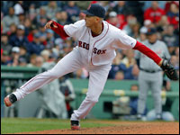  On May 17th, Red Sox starting pitcher Julian Tavarez puts some body english on his final pitch of the afternoon, a seventh-inning swinging strikout by the Tigers Curtis Granderson. (Jim Davis/Globe Staff)