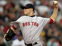  Boston Red Sox's Jon Lester delivers a pitch to Cleveland Indians' Josh Barfield in the third inning of a baseball game Monday, July 23, 2007, in Cleveland. Lester returned to the mound Monday for his first start since being diagnosed with cancer last August. (AP Photo/Mark Duncan)