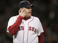   Red Sox starting pitcher Curt Schilling gestures towards right field after the Sox retired the Yankees during the second inning on Sunday, September 16, 2007. (John Bohn/Globe Staff)