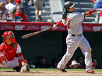   Red Sox LF Manny Ramirez smashes a fourth inning solo home run in Game 3 of the ALDS. Angels catcher Mike Napoli watches at left. (Jim Davis/Globe Staff)