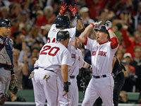   J.D. Drew showed some emotion as he crossed home plate following his grand slam. (Jim Davis/Globe Staff)
