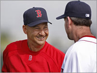 Red Sox manager Terry Francona yucks it up with first baseman Sean Casey. (Jim Davis/Globe Staff)