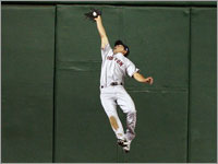 It's not just about speed with Jacoby Ellsbury.  Check out this leaping catch he made against the Oakland Athletics in the Tokyo Dome. (Barry Chin/Globe Staff)