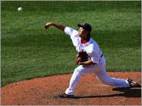 Daisuke Matsuzaka fires a pitch in his sensational outing in the Red Sox's home opener against the Detroit Tigers.