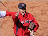 Red Sox legend and fan favorite Johnny Pesky acknowledges the crowd on Opening Day 2008.