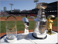 A feast for champions: trophies from Boston title teams past and present were on display at Fenway Park on Opening Day.