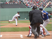 Red Sox starting pitcher Daisuke Matsuzaka throws to Royals outfielder David DeJesus (9) during the first inning.