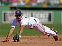 Red Sox shortstop Alex Cora dives for a ball against the Toronto Blue Jays.